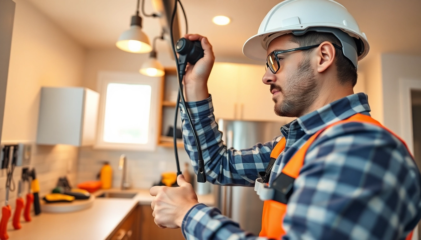 Electrician installing lighting fixtures in a modern kitchen, showcasing expertise and professionalism.