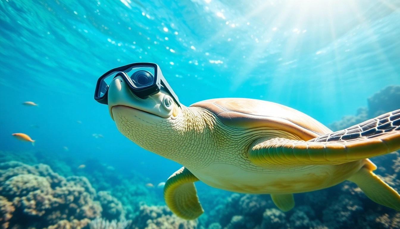 Turtle snorkel set showcasing a sea turtle swimming in vibrant coral reef waters.
