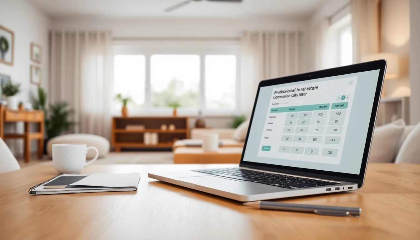 Real Estate Commission Calculator BC interface showcased on a laptop in a warm home setting.