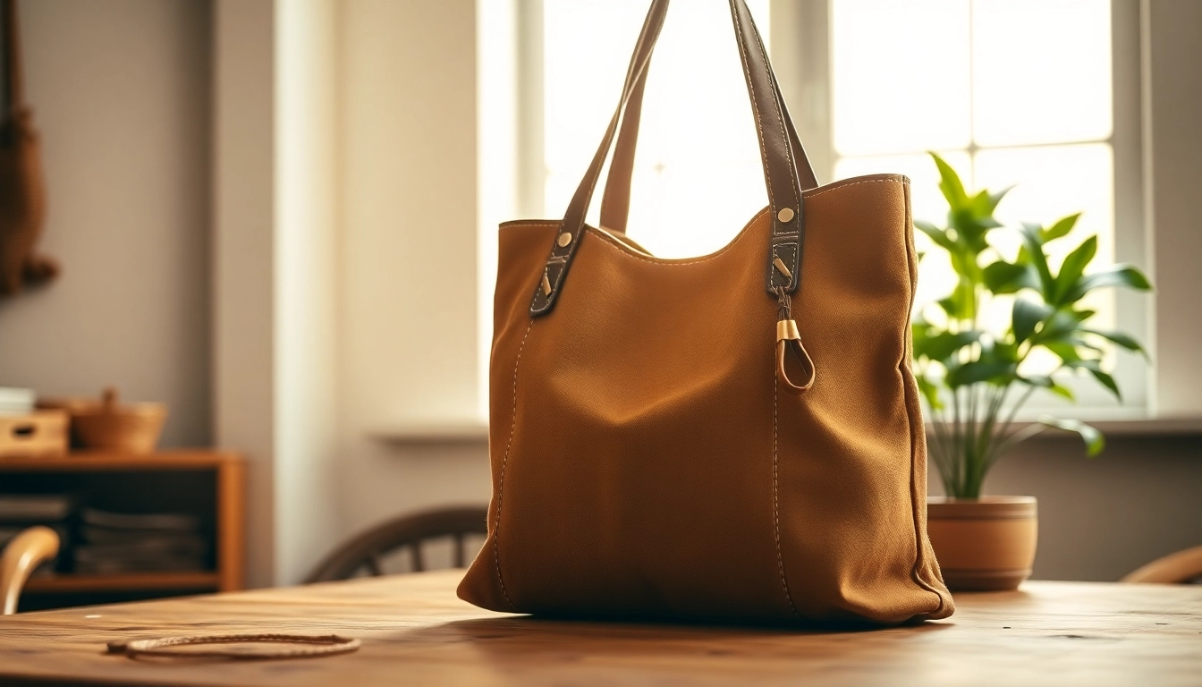 Tote bag displayed on a wooden table highlighting its craftsmanship and texture.