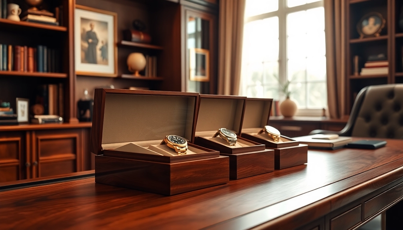 Showcase elegant watch boxes in a luxurious home office for watch enthusiasts