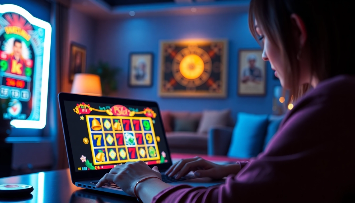 Engaged user playing PGSlot on a laptop, surrounded by colorful graphics and an inviting atmosphere.