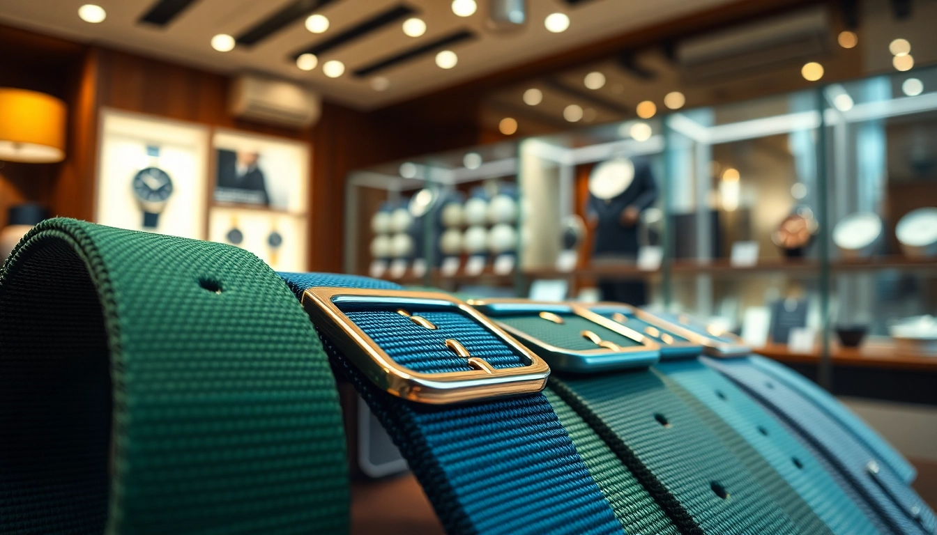 NATO straps UK collection showcasing fabric quality and craftsmanship in an upscale watch shop.