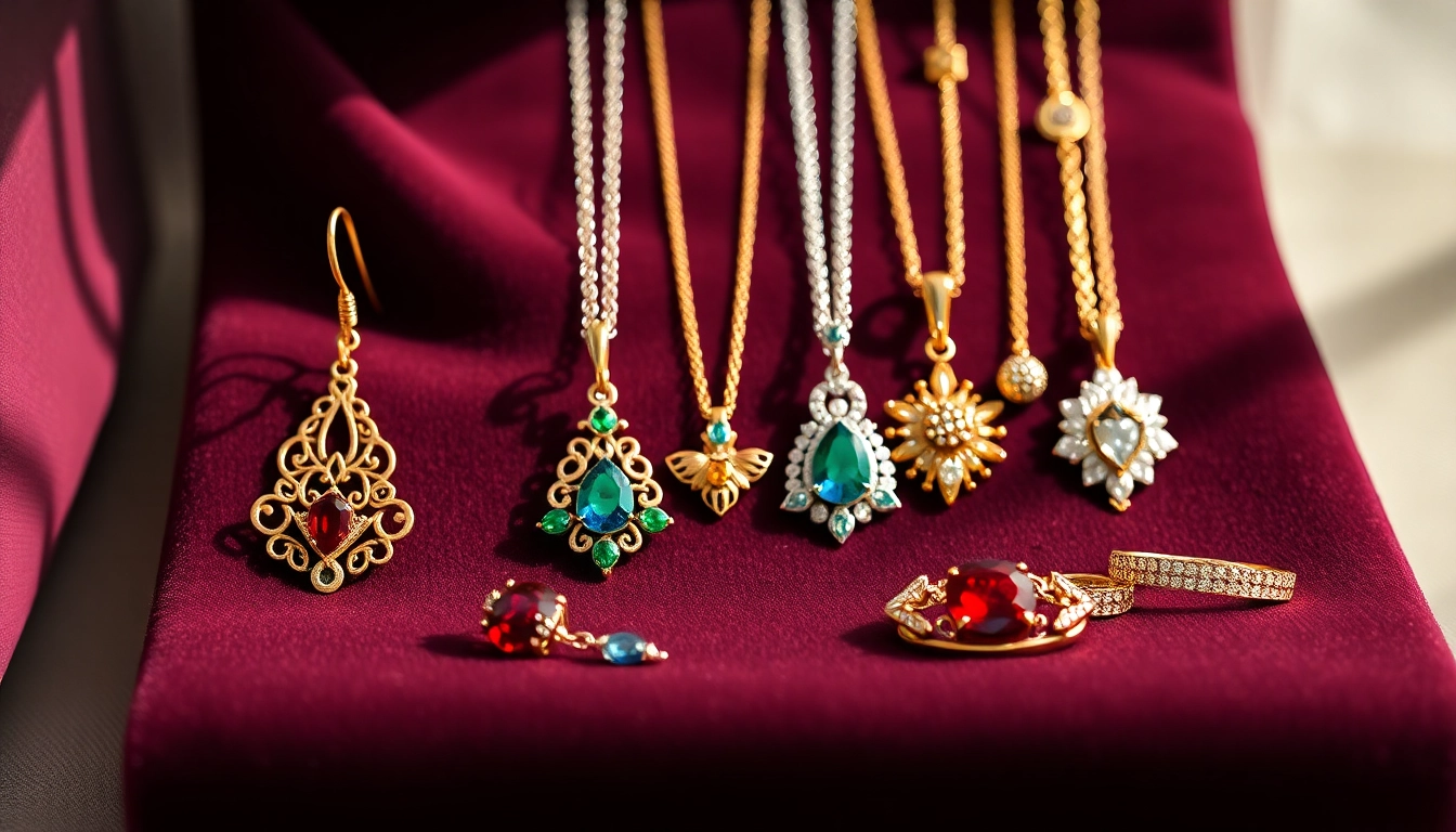 Showcase women jewelry featuring elegant earrings and necklaces on a velvet backdrop.
