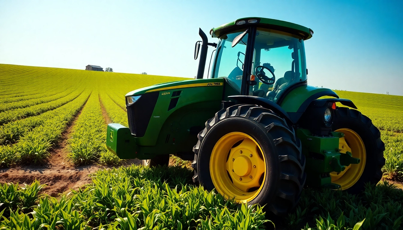 John Deere Traktor arbeitet in einem weitläufigen grünen Feld bei Sonnenlicht.