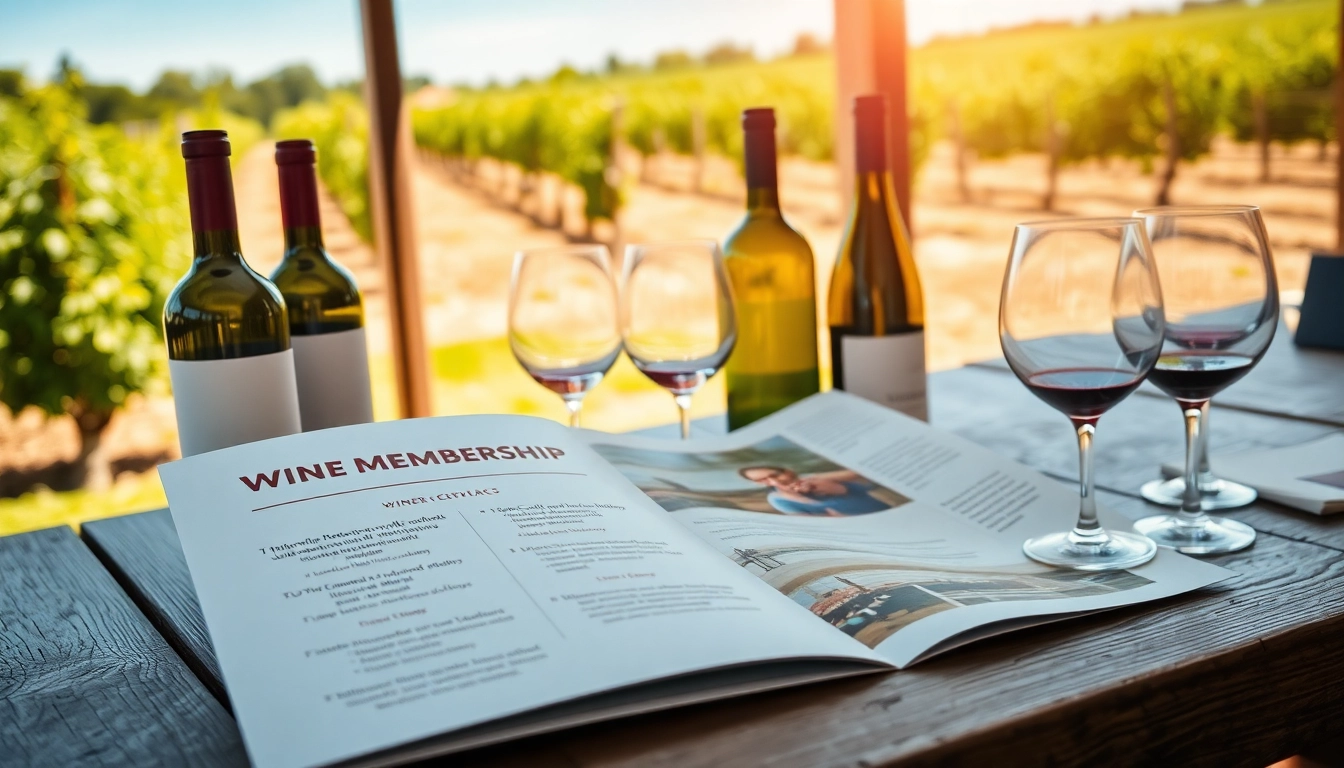 Engaging brochure showcasing winery membership perks amid bottles and glasses of wine.