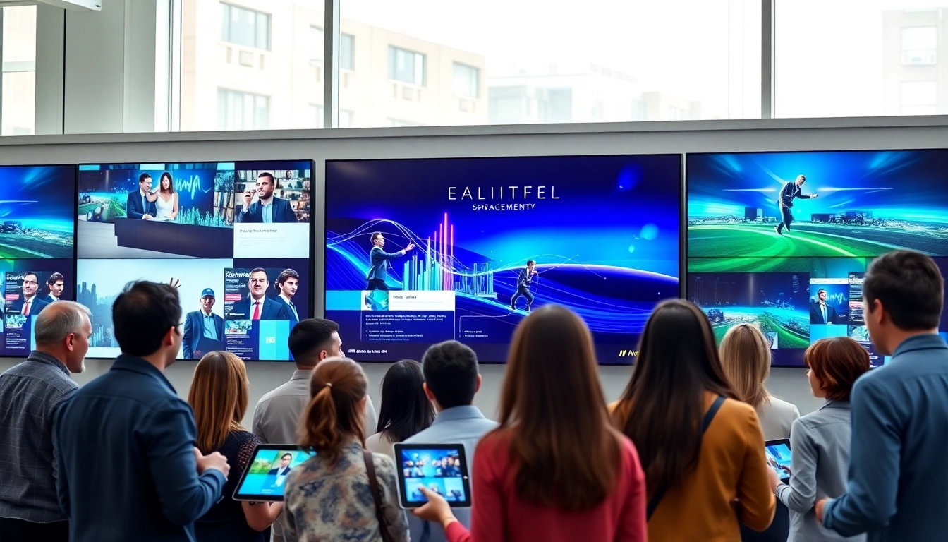 Engage with multi-screen digital signage management across a modern office setting showcasing dynamic displays.