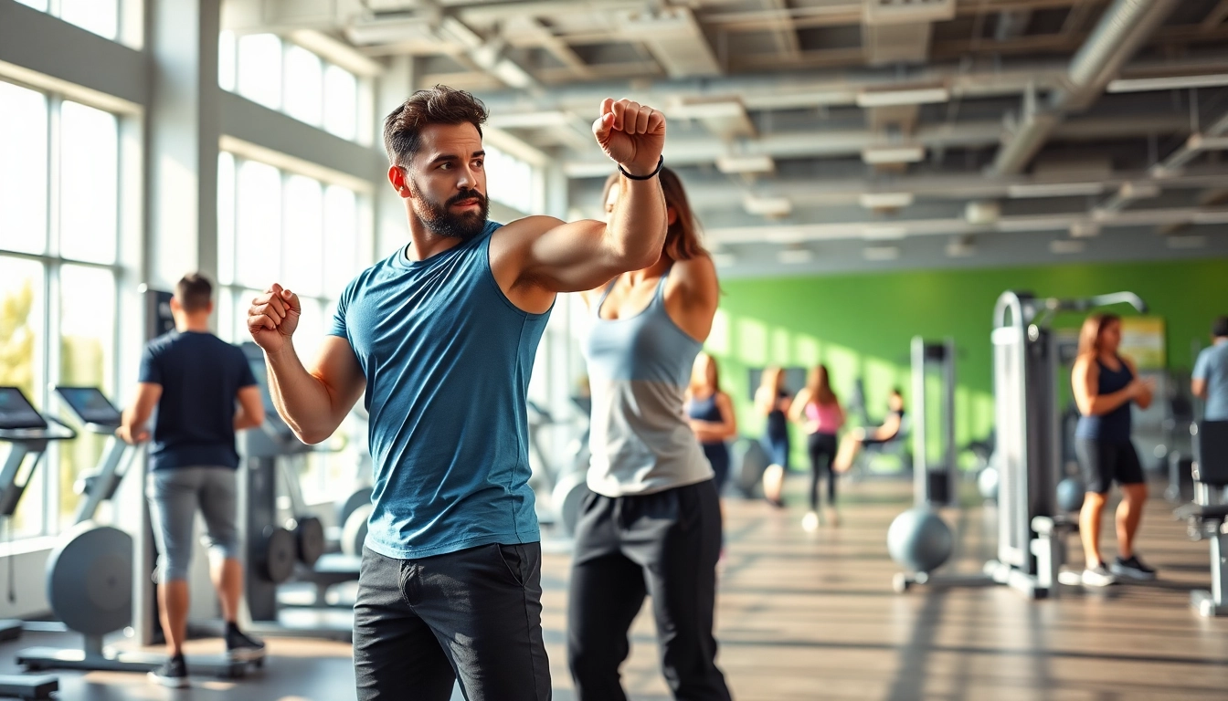 Personal trainer tonbridge guiding a client in an energetic gym setting.