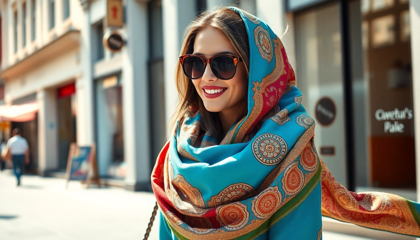Showcasing fashionable scarves for women on an elegant model against a chic urban backdrop.
