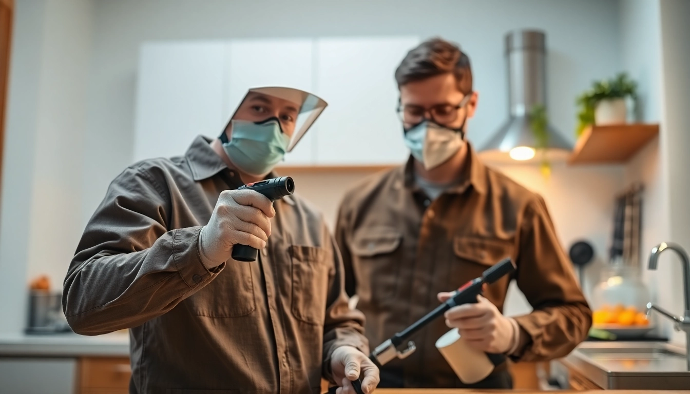 Expert applying pest control services in a bright kitchen environment, ensuring safety.