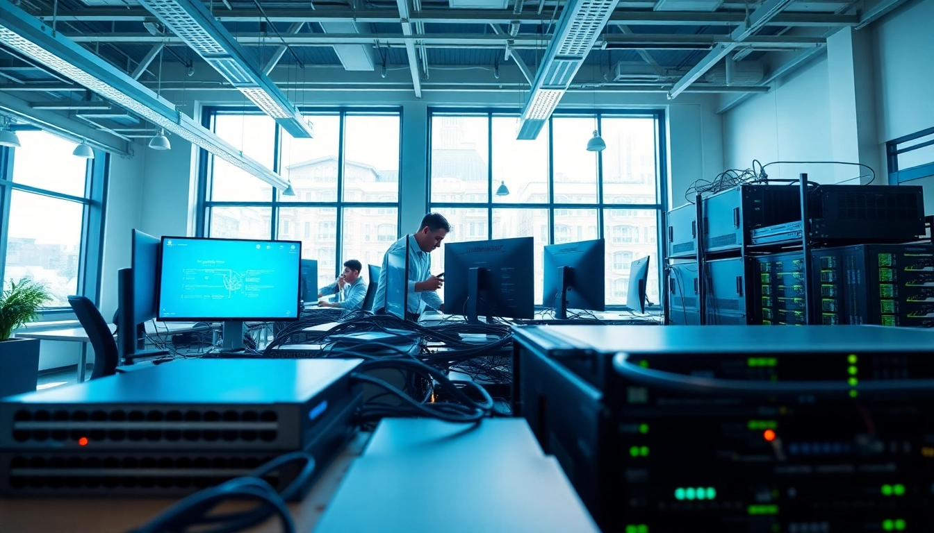 Explore setup of network infrastructure in modern office emphasizing collaboration and technology.