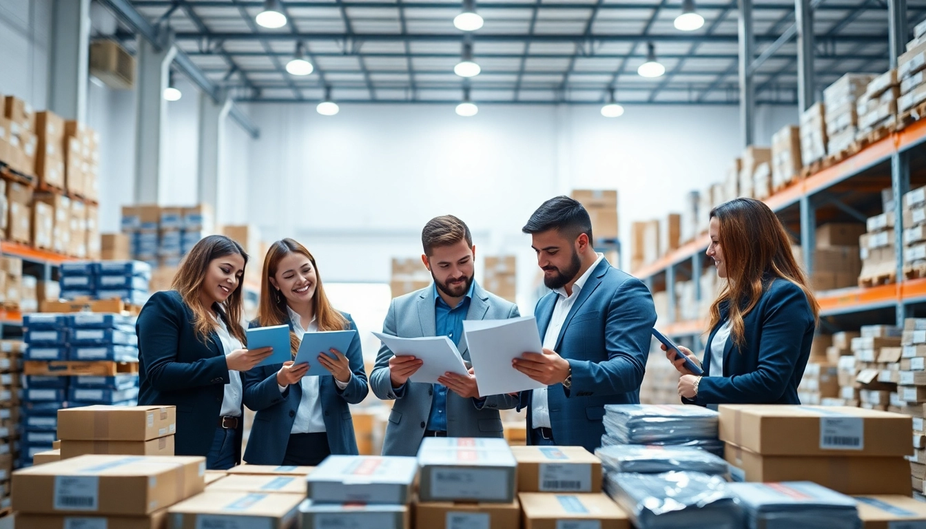 Collaborative Amazon FBA wholesale team reviewing product samples in a bright warehouse setting.