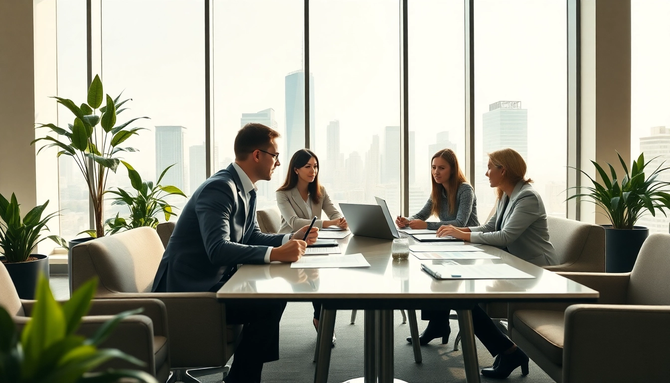 Quickplus Business Consultants strategizing in a modern office with urban skyline views.