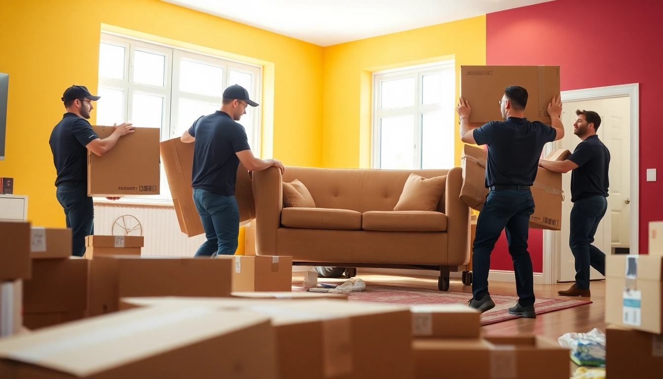 Movers from Toronto moving companies efficiently relocating furniture and boxes in a bright living room.
