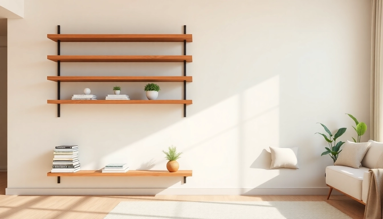 Stylish minimalist wall rack showcasing books and plants in a modern living room setting.