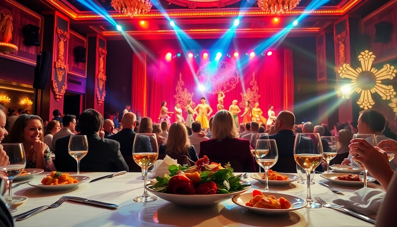 Guests enjoying a lively las vegas dinner theater performance with gourmet food and entertainment.