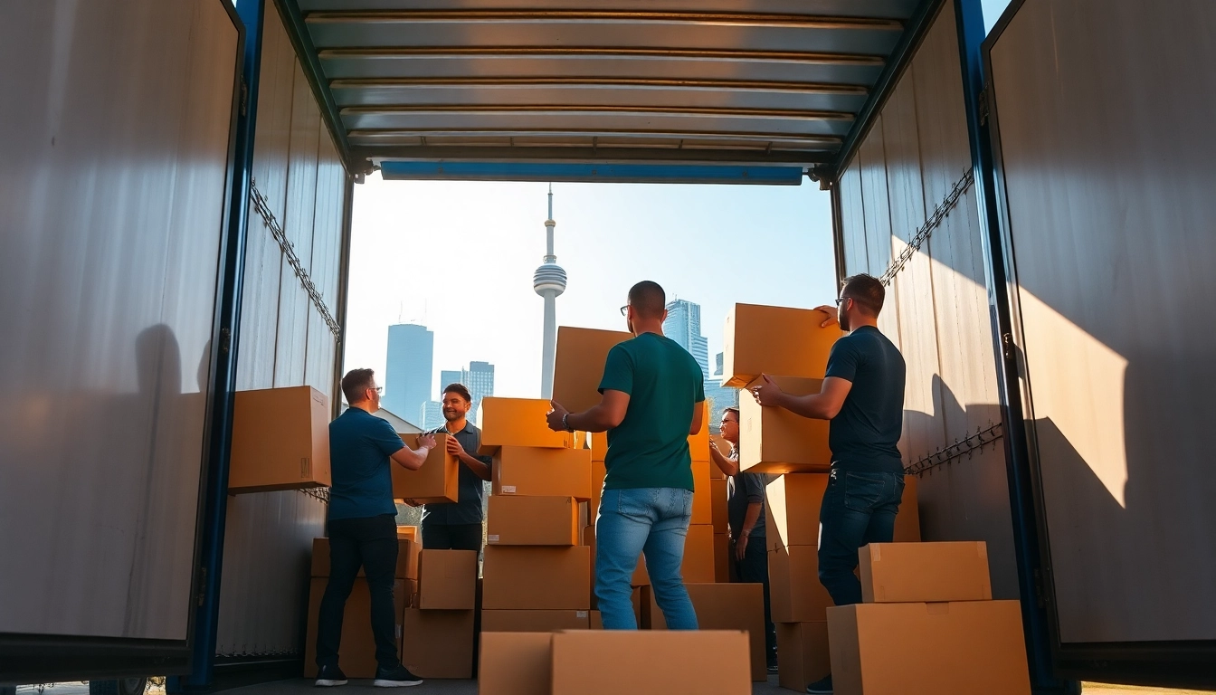 Efficient movers Toronto loading boxes into a truck in a sunny neighborhood.